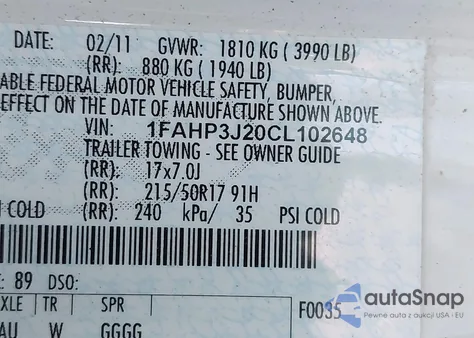 2012 Ford Focus Titanium z USA, uszkodzony, nr VIN 1FAHP3J20CL102648